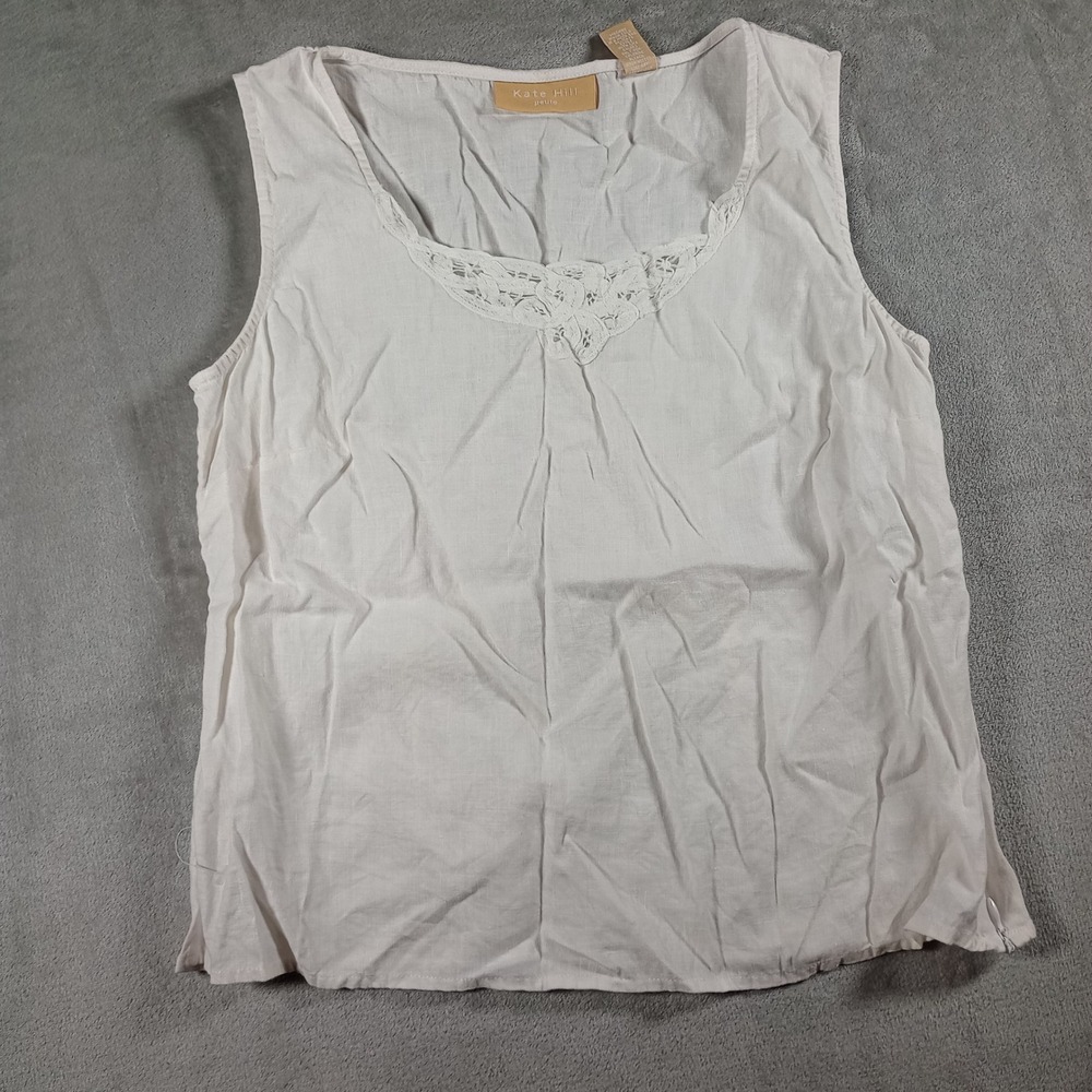 Kate Hill Petite Linen Tank Top Women PM White Lace Trim Scoop Neck Side Zip